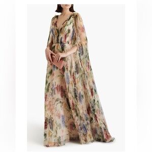 Oscar de la Renta Cape-effect embellished floral-print plissé-organza gown 14
